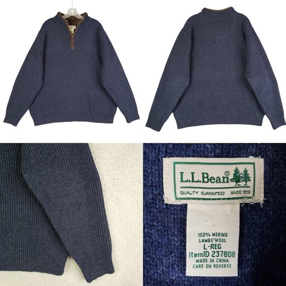 LL Bean Sweater Waterfowl Merino Wool Men’s Size L Large Quarter Zip Knit Blue - Picture 1 of 10